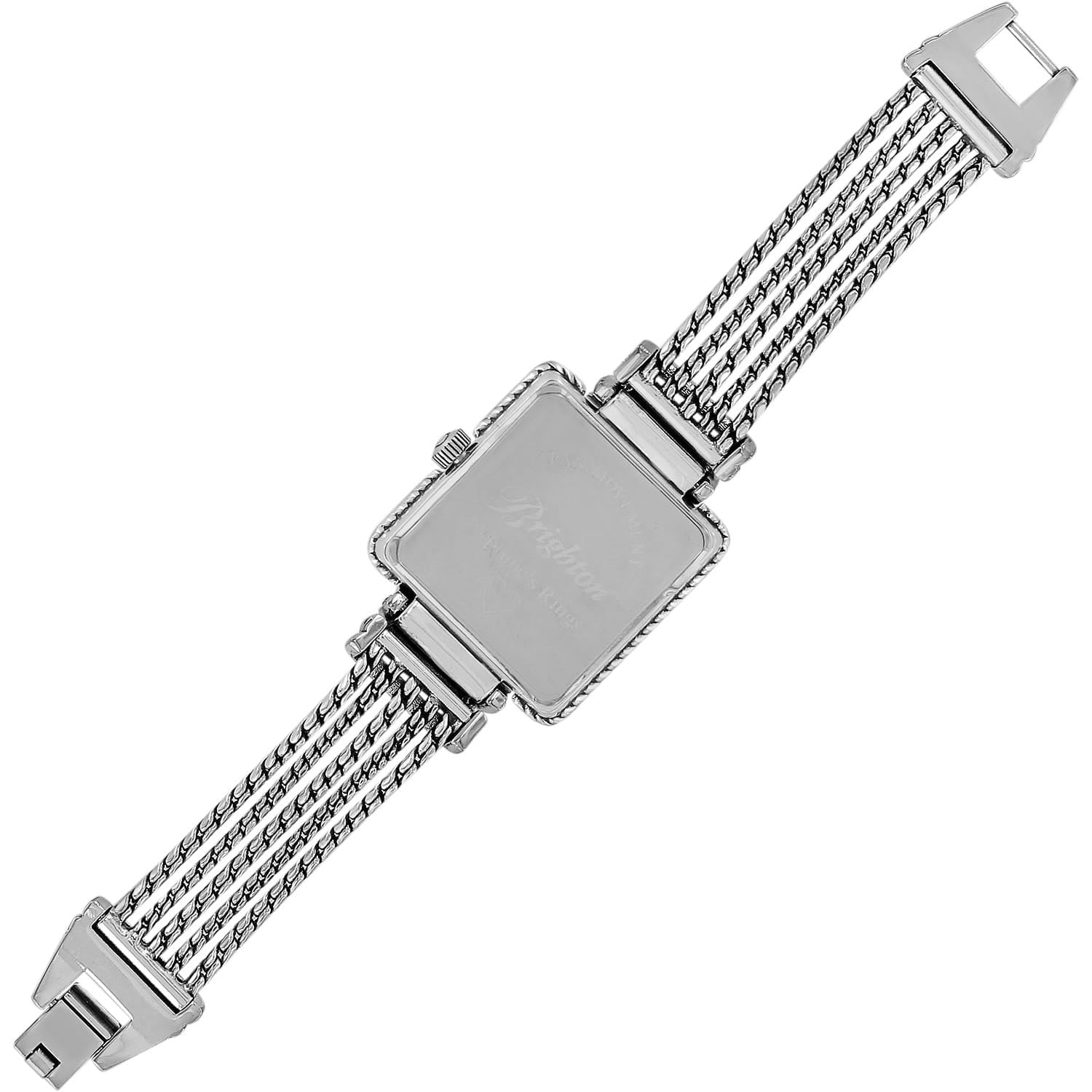 Brighton watch shown from the back with silver-tone square case and multi-strand mesh chain bracelet on a white background