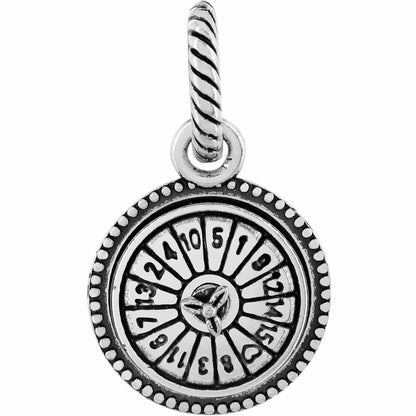 Brighton roulette wheel charm with silver-plated beaded border, engraved numbers, and rope-textured bail on a white background