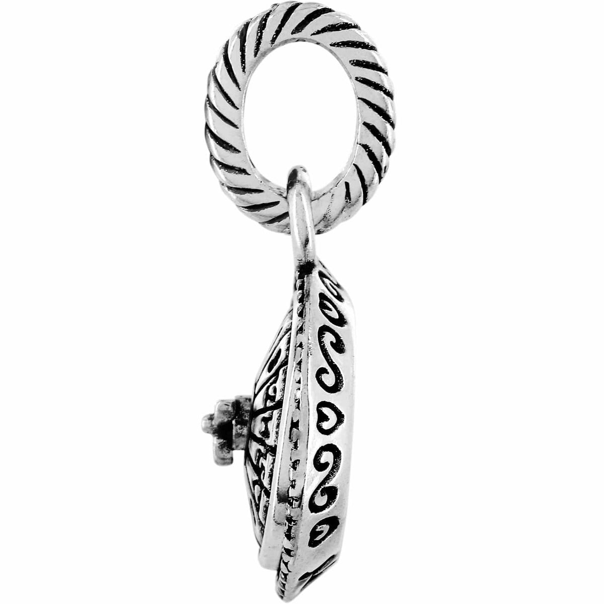 Brighton charm shown from the side with silver-plated ring bail and ornate scrollwork pendant on a white background