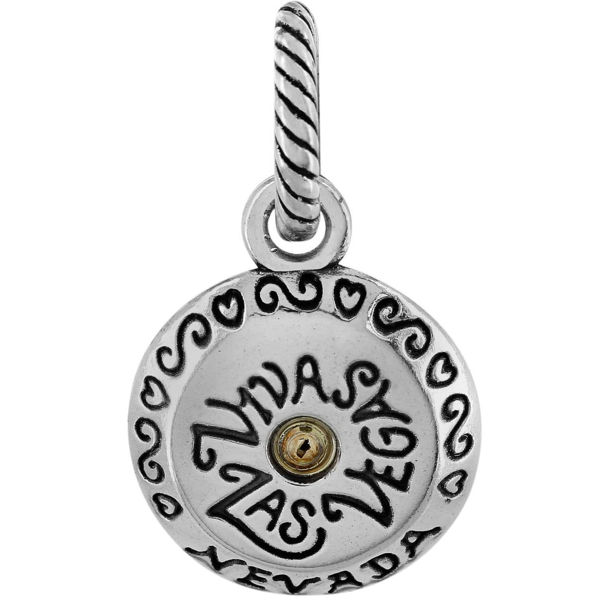 Brighton charm with Viva Las Vegas Nevada engraving, silver-plated finish, and twisted rope bail on a white background