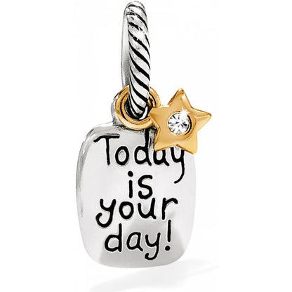Brighton charm with silver-tone engraved Today is your day message and gold-tone crystal star accent on a white background
