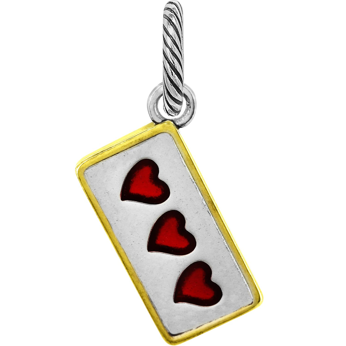 Brighton charm with three red enamel hearts on silver-tone rectangle with gold-tone border on a white background