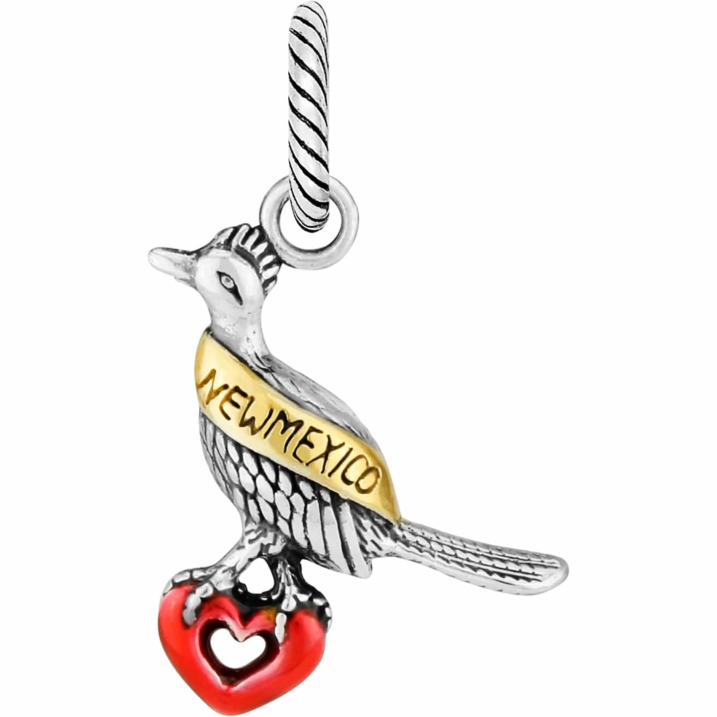 Brighton roadrunner charm with two-tone finish, New Mexico banner, and red heart accent on a white background