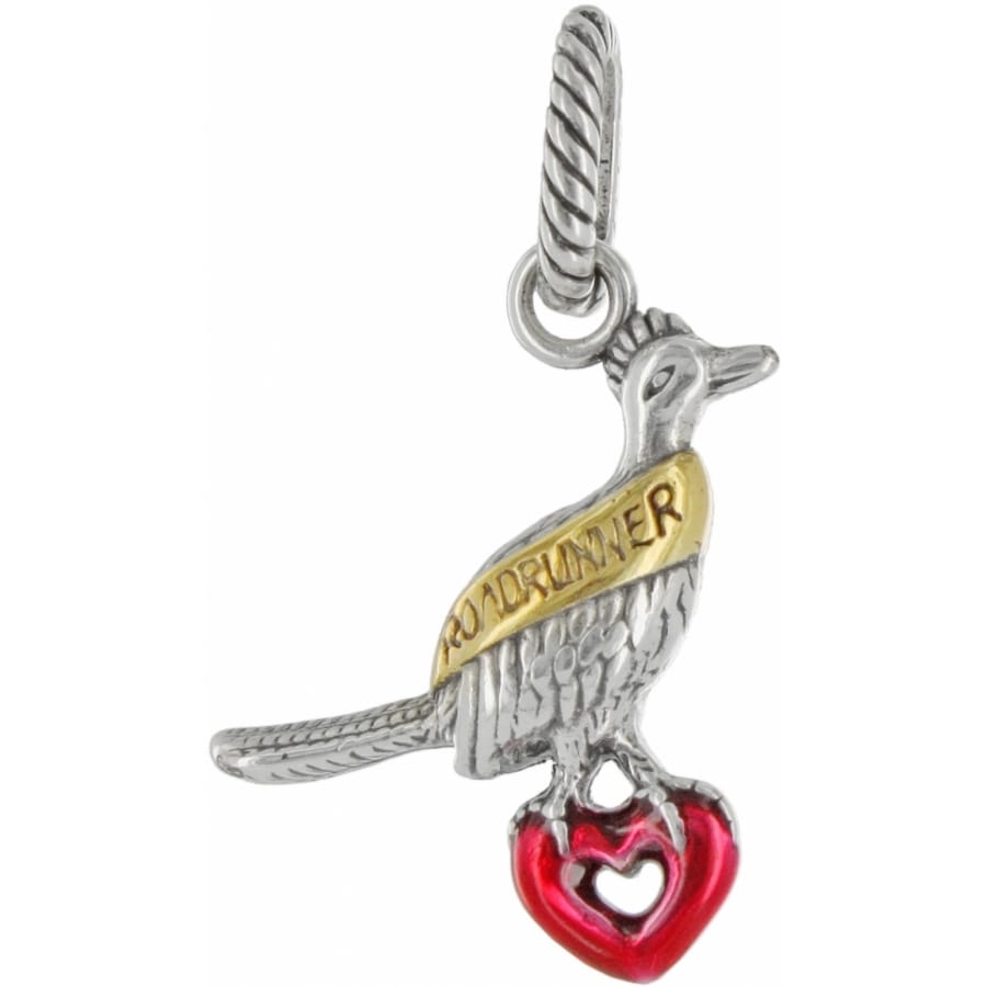 Brighton roadrunner charm with two-tone silver and gold wing engraved Roadrunner and red heart on white background