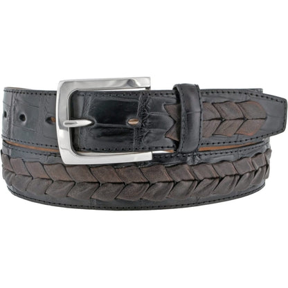 Brighton leather belt with black croc-embossed edges, braided brown center panel, and silver-tone buckle on a white background