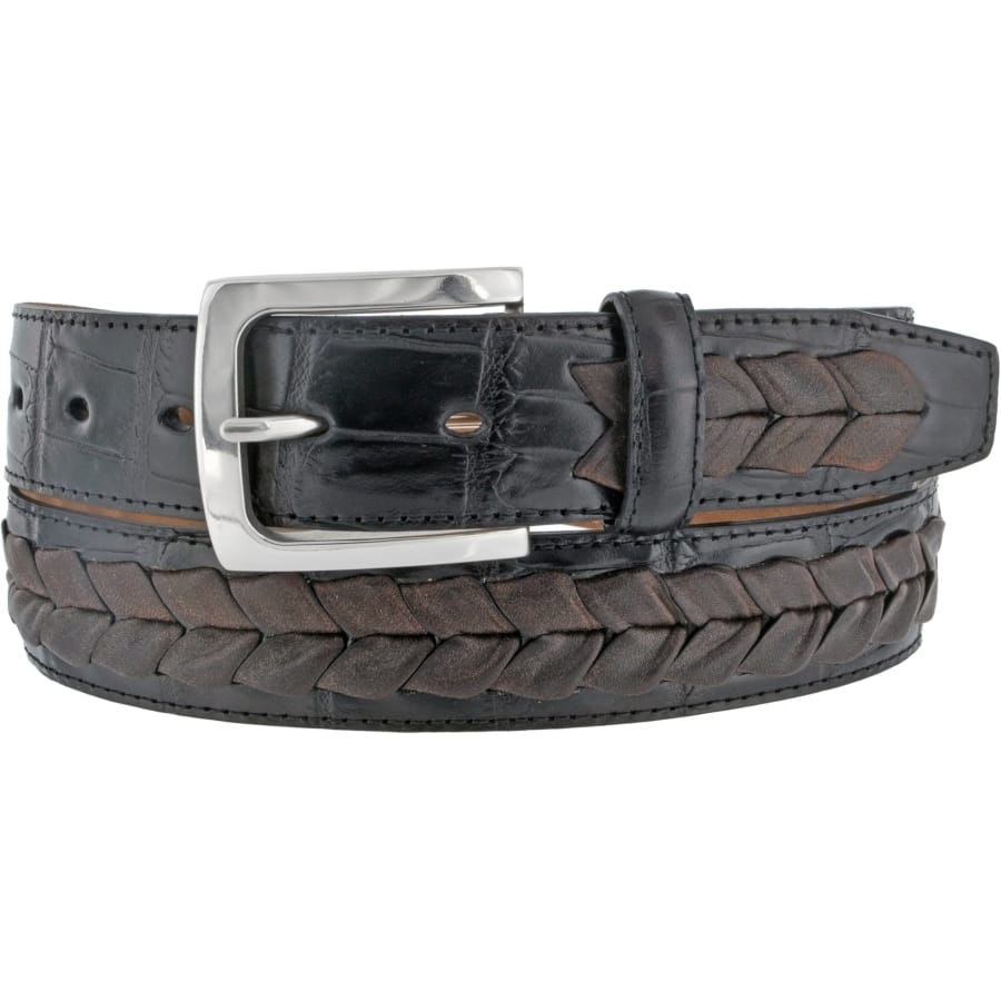 Brighton leather belt with black croc-embossed edges, braided brown center panel, and silver-tone buckle on a white background