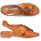 Brighton tan leather crossover sandals with embossed medallion accent and slingback strap, shown from above and side on a white background
