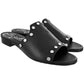 Brighton black leather slide sandals with silver-tone studded straps and low block heels on a white background