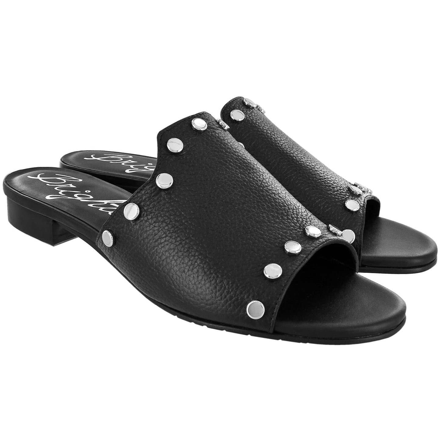 Brighton black leather slide sandals with silver-tone studded straps and low block heels on a white background