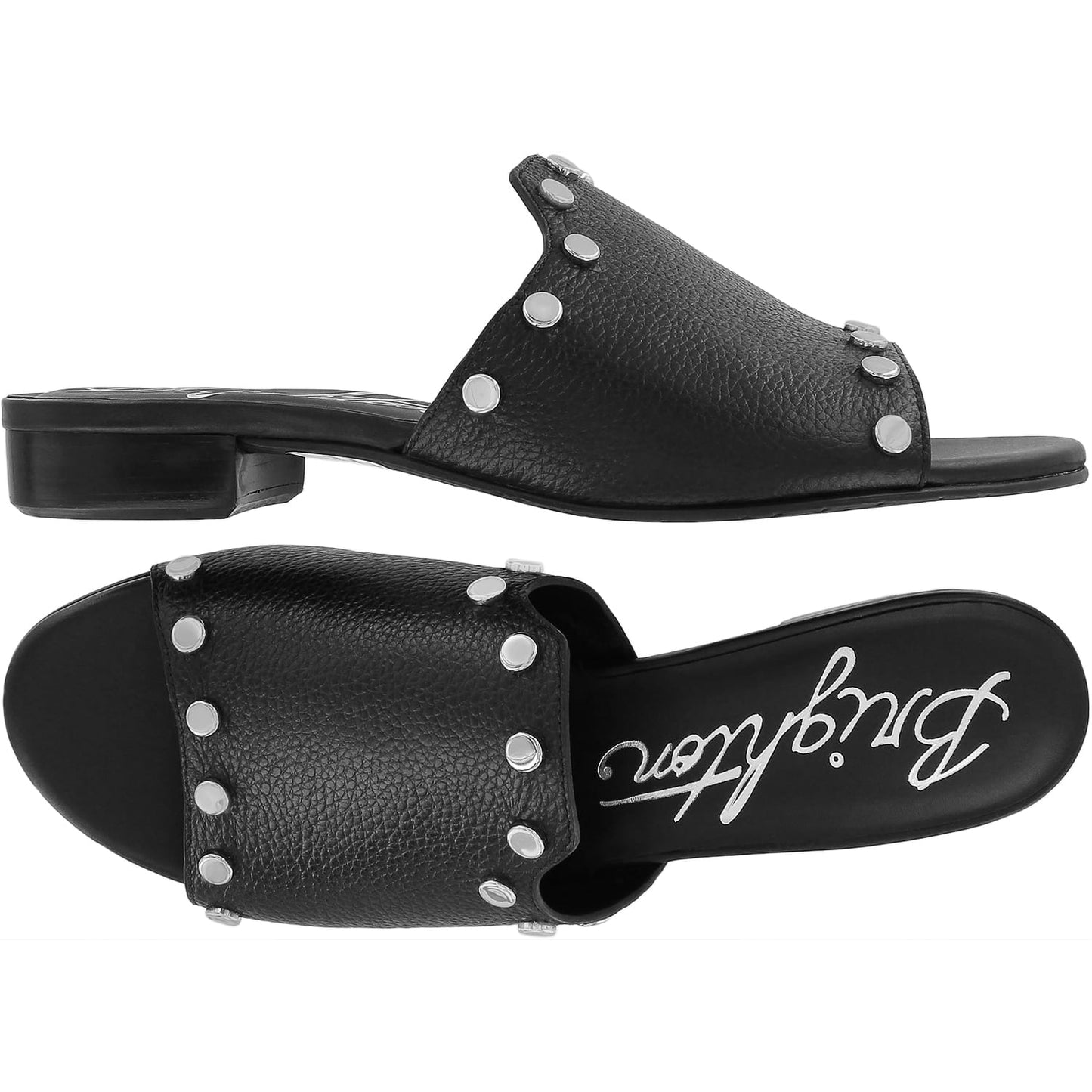 Brighton black leather slide sandals with silver-tone studs and low block heel shown from two angles on a white background