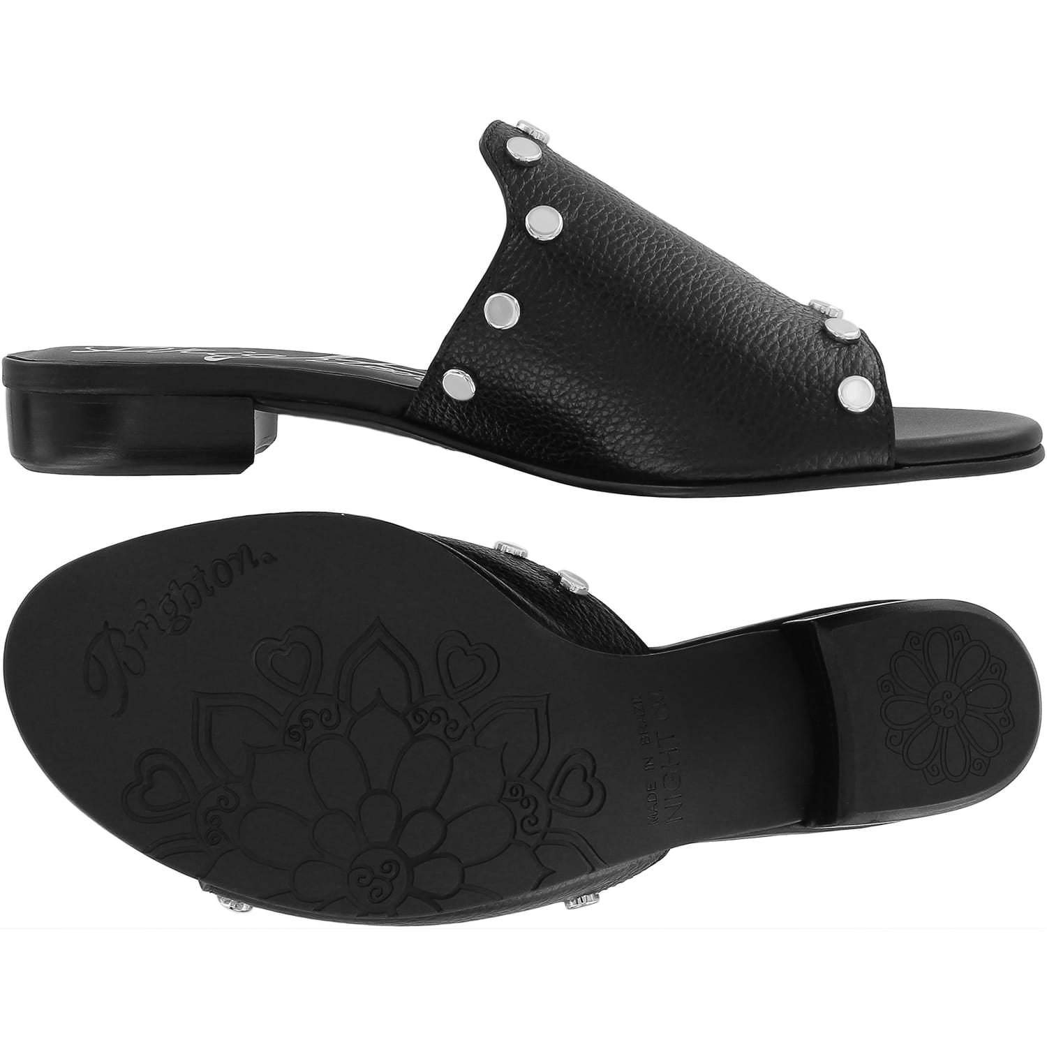 Brighton black leather slide sandals with silver-tone studs and low block heel, shown with sole view, on a white background