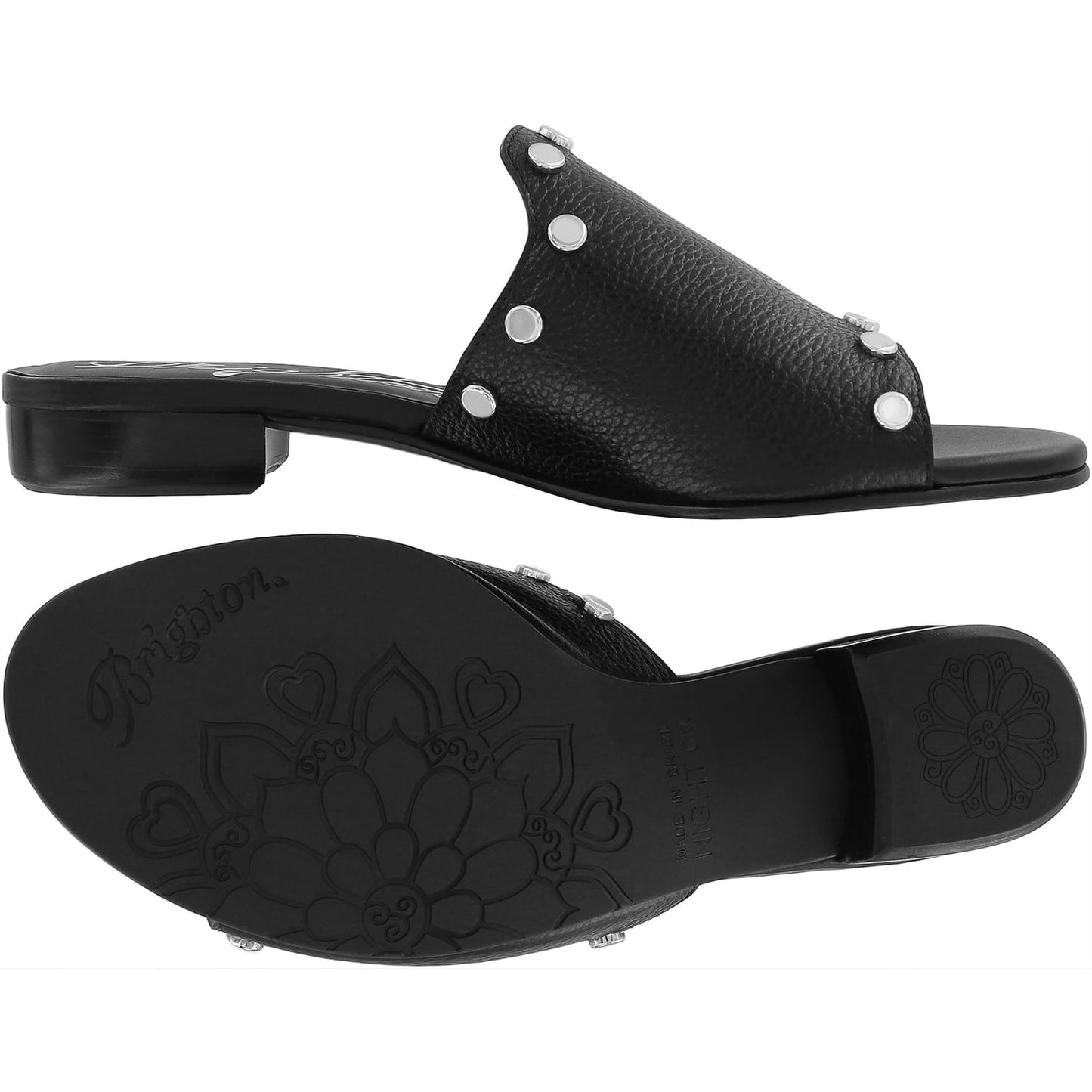 Brighton black leather slide sandals with silver-tone studs and low block heel, shown with sole view, on a white background
