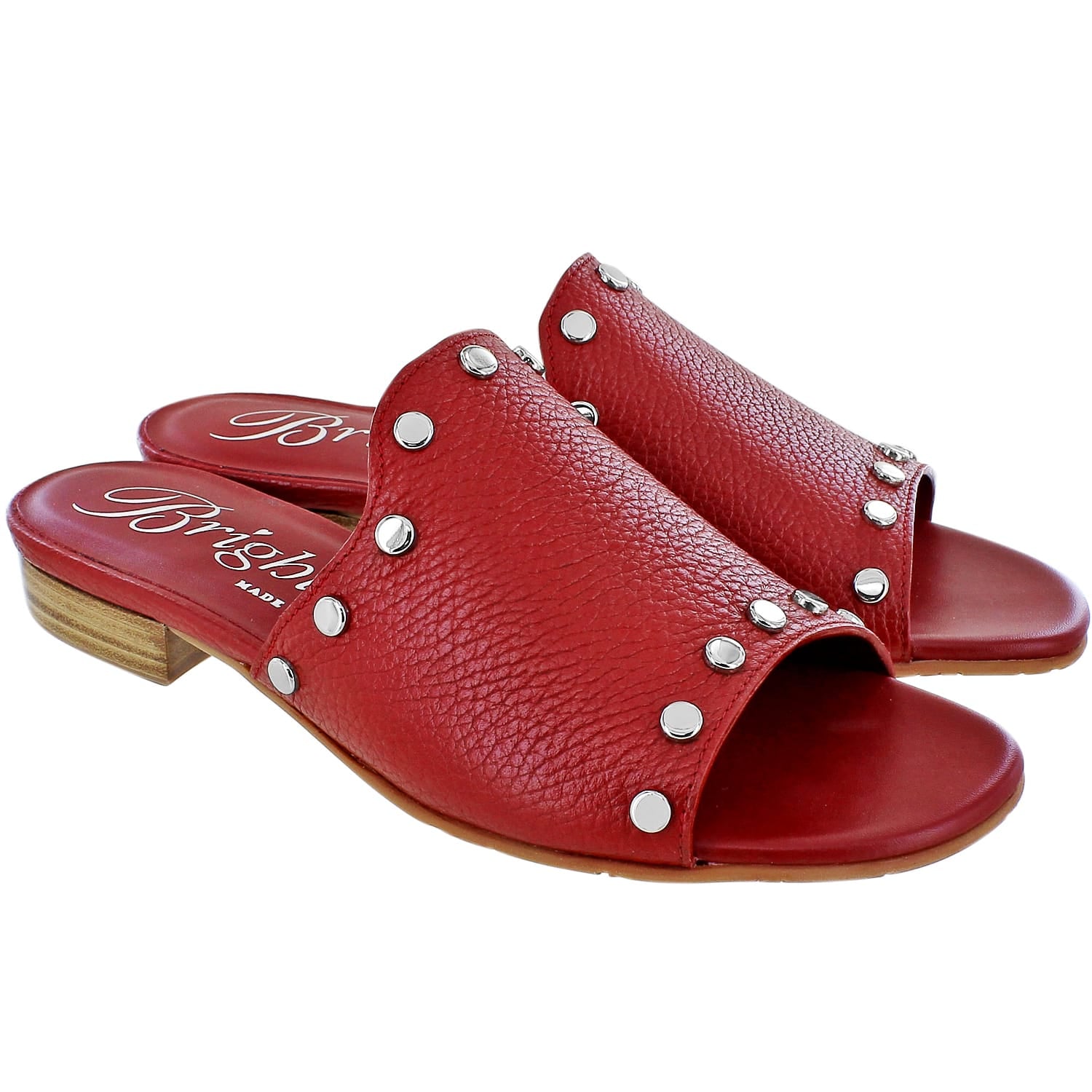 Brighton red leather slide sandals with silver-tone stud accents and low stacked heels on a white background