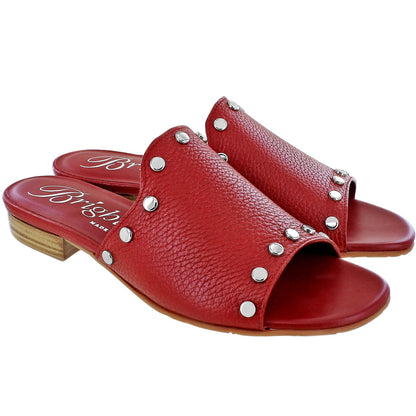 Brighton red leather slide sandals with silver-tone stud accents and low stacked heels on a white background