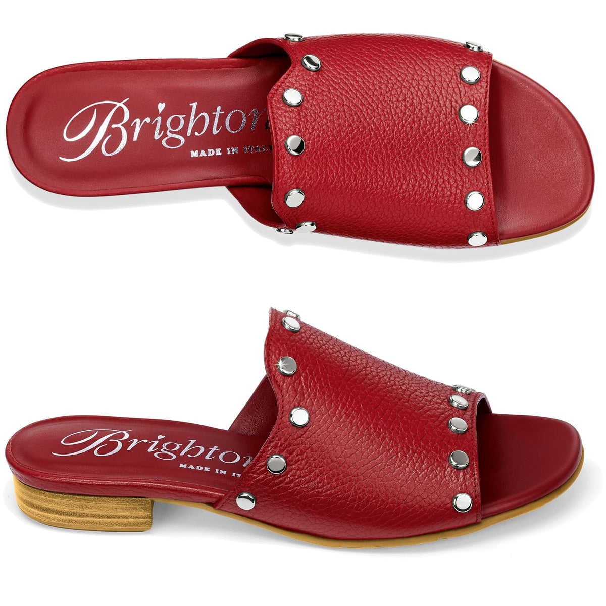 Brighton red leather slide sandals with silver-tone studded strap shown from top and side views on a white background