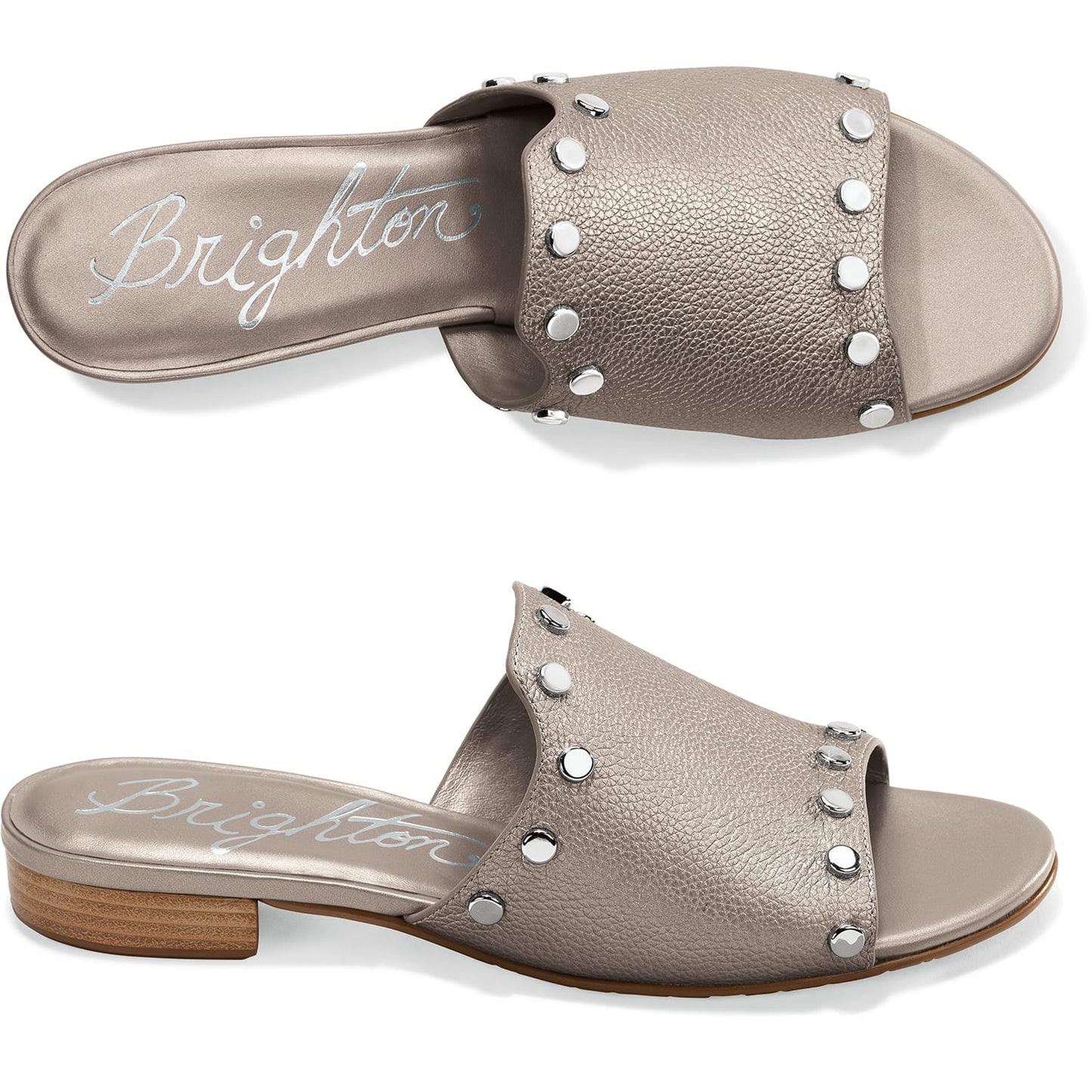 Brighton metallic taupe leather slide sandals with silver-tone studs, shown from top and side views, on a white background