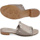Brighton slide sandals in metallic taupe leather with silver-tone studs and patterned sole shown on a white background