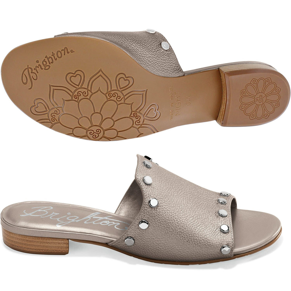 Brighton slide sandals in metallic taupe leather with silver-tone studs and patterned sole shown on a white background