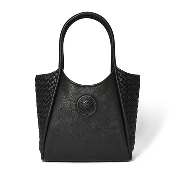 Brighton black leather tote handbag with woven side panels, circular medallion emblem, and dual top handles on a white background