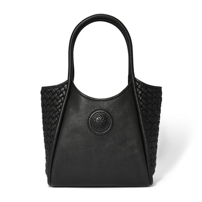 Brighton black leather tote handbag with woven side panels, circular medallion emblem, and dual top handles on a white background