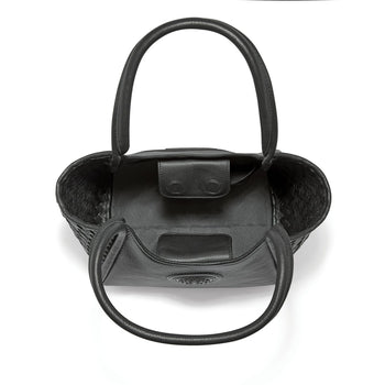 Brighton black leather handbag shown open with woven sides, interior snap pocket, and rolled handles on a white background