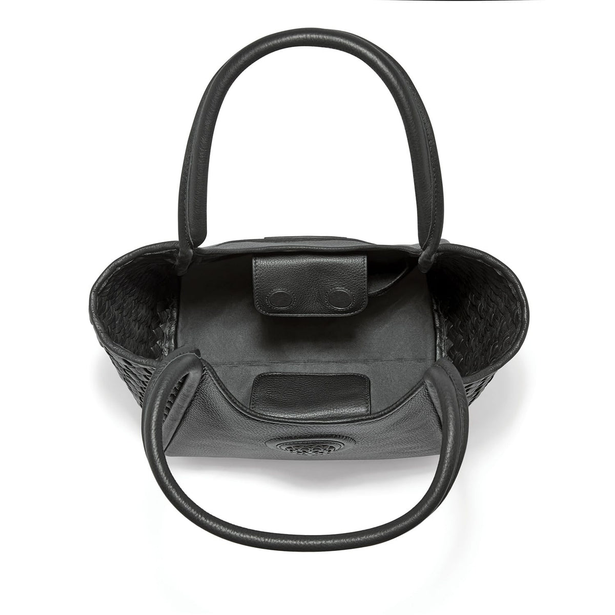 Brighton black leather handbag shown open with woven sides, interior snap pocket, and rolled handles on a white background