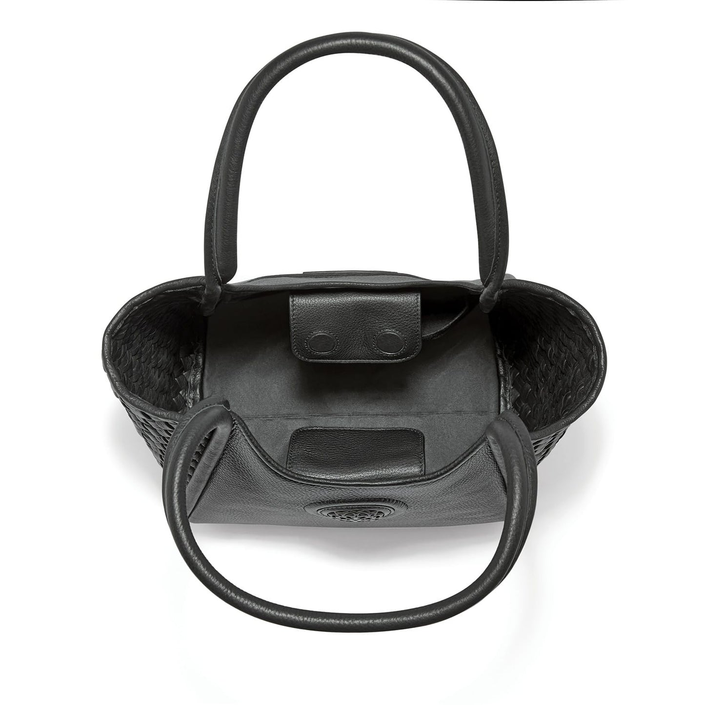 Brighton black leather handbag shown open with woven sides, interior snap pocket, and rolled handles on a white background