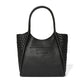 Brighton black leather tote handbag with woven side panels, pebbled front, and tall handles on a white background