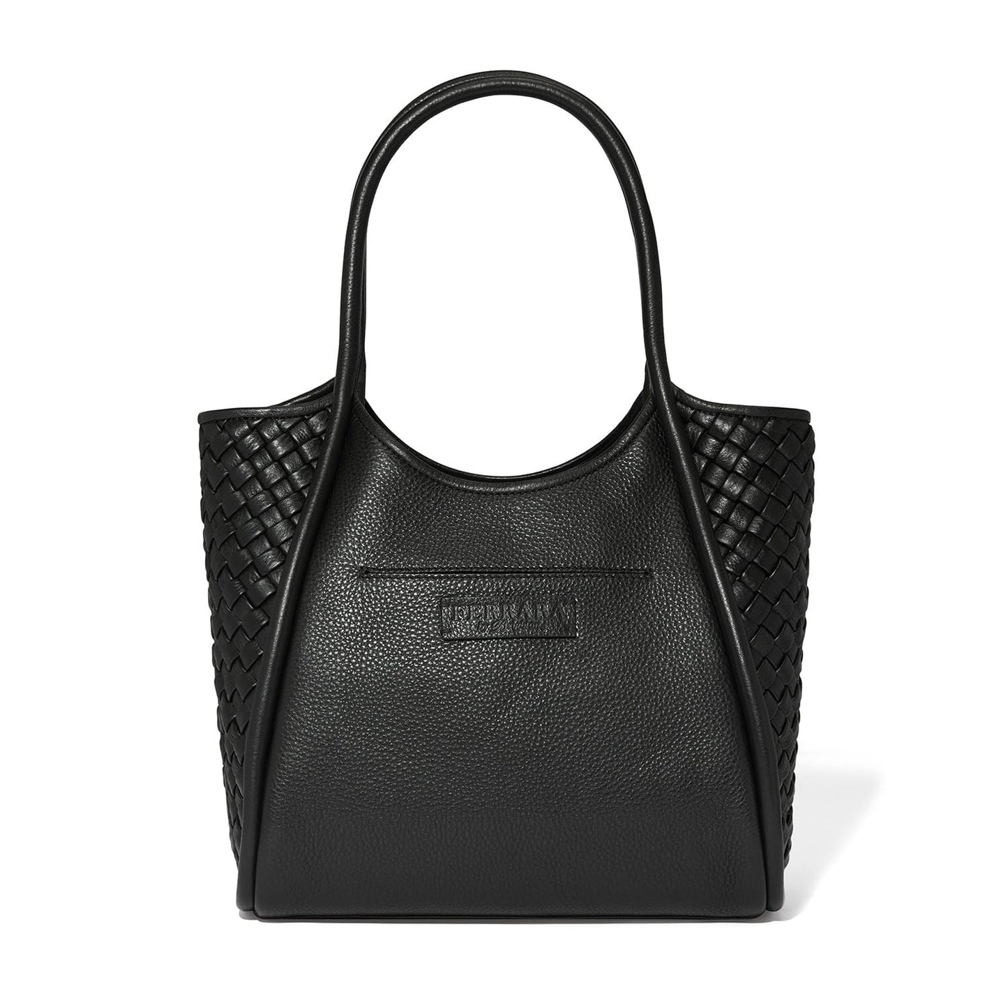Brighton black leather tote handbag with woven side panels, pebbled front, and tall handles on a white background