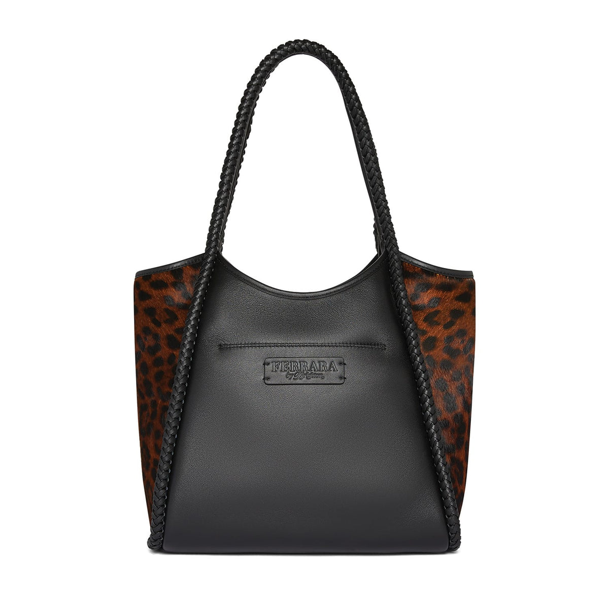 Brighton black leather tote handbag with leopard print side panels and braided shoulder straps on a white background