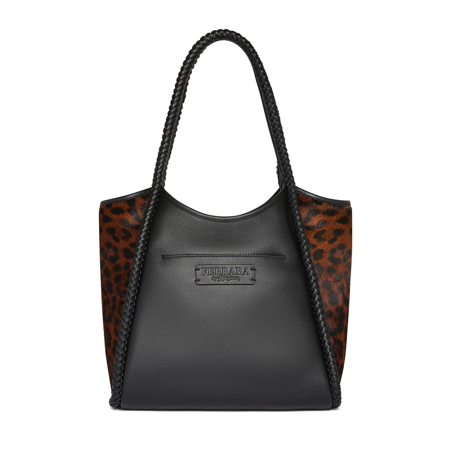 Brighton black leather tote handbag with leopard print side panels and braided shoulder straps on a white background