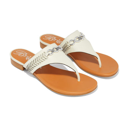 Brighton thong sandals in cream leather with silver-tone chain accent and tan footbeds on a white background
