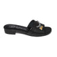 Brighton black leather slide sandal with silver-tone chain and gold heart charm accent on a white background