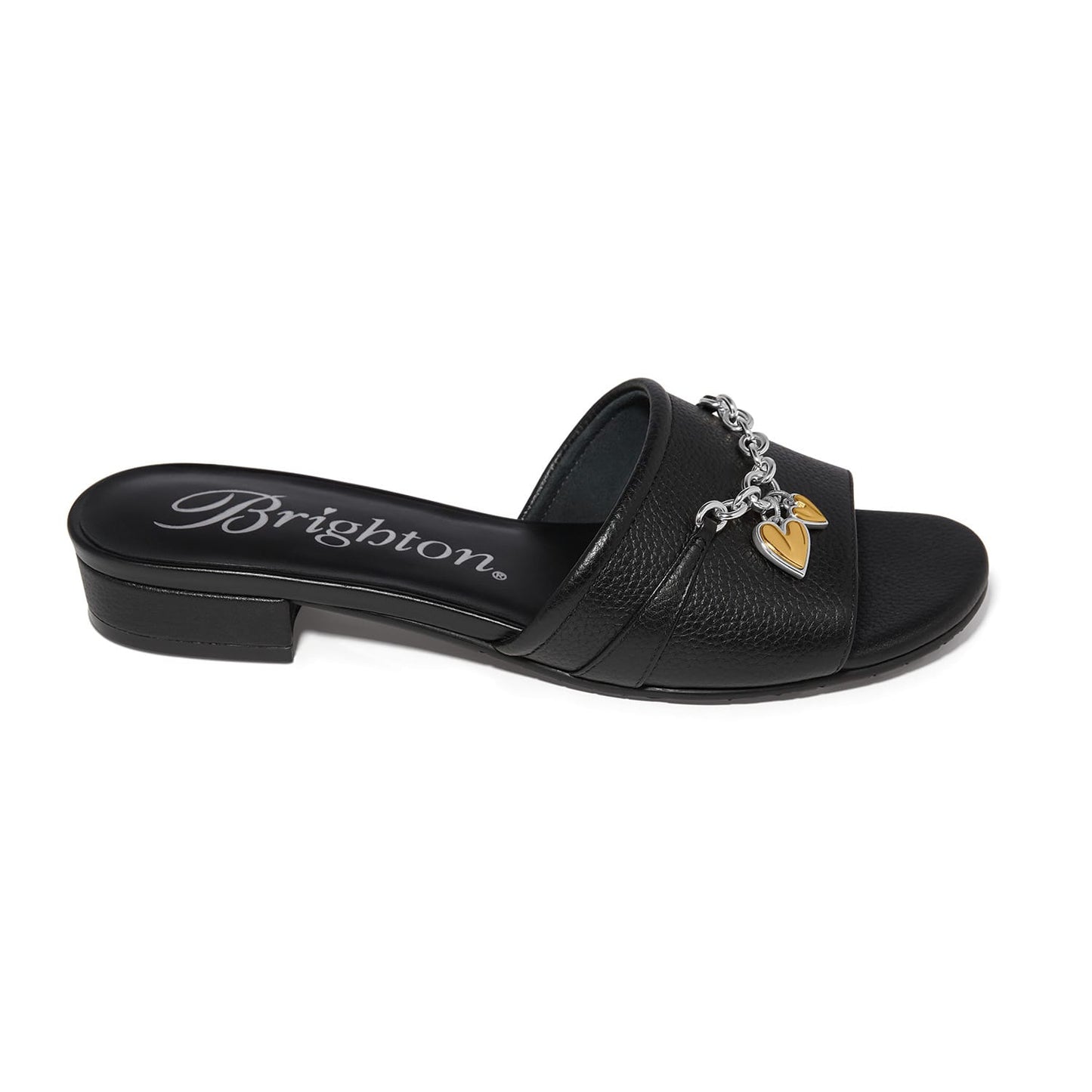 Brighton black leather slide sandal with silver-tone chain and gold heart charm accent on a white background