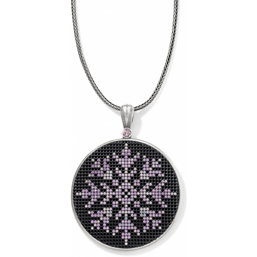 Brighton pendant necklace with silver-plated round medallion featuring pink crystal snowflake design on a white background