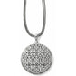 Brighton pendant necklace with round silver-plated medallion featuring intricate fleur-de-lis lattice design and foxtail chain on a white background