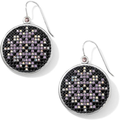 Brighton drop earrings with black and purple crystal pave discs and silver-plated finish on a white background