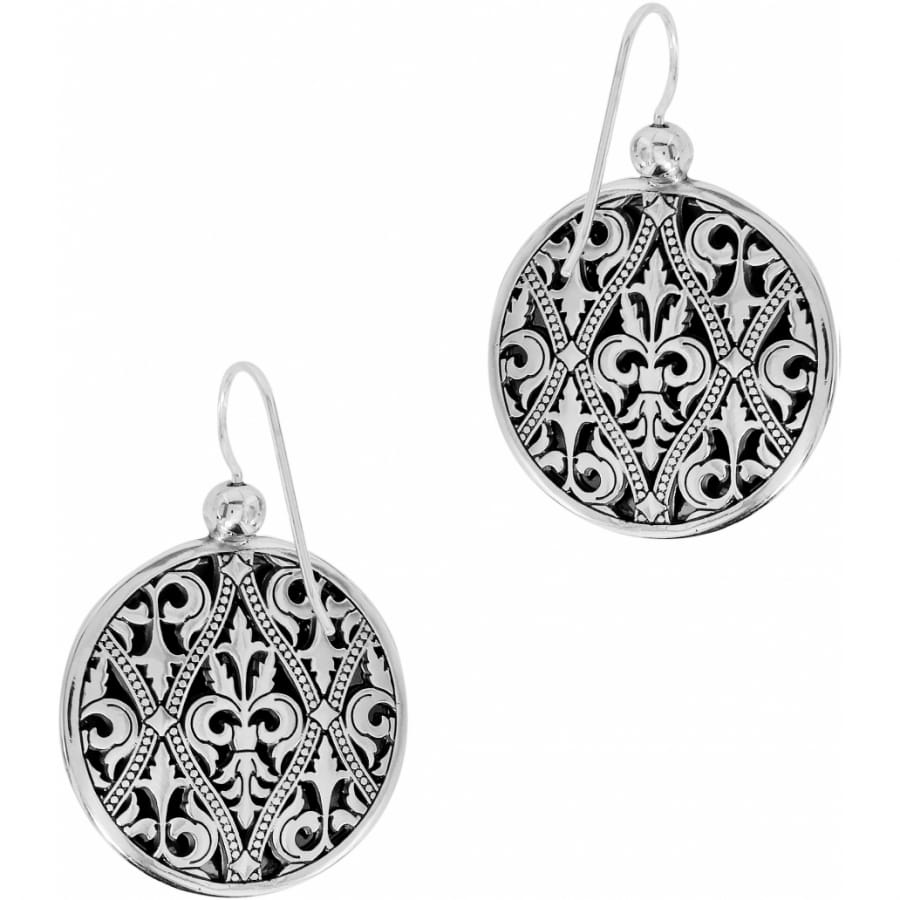 Brighton drop earrings with silver-plated round medallions featuring ornate filigree scrollwork and fleur-de-lis motifs on a white background