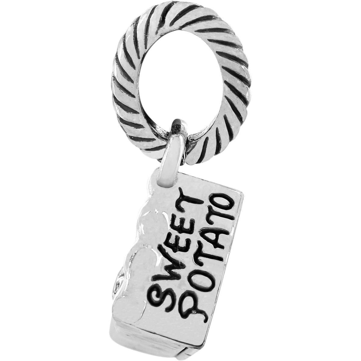 Brighton sweet potato charm with silver-tone rope-textured ring and engraved lettering on enamel tag on a white background