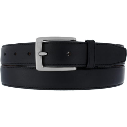 Brighton black leather belt with silver-tone rectangular buckle and stitched edge detailing on a white background