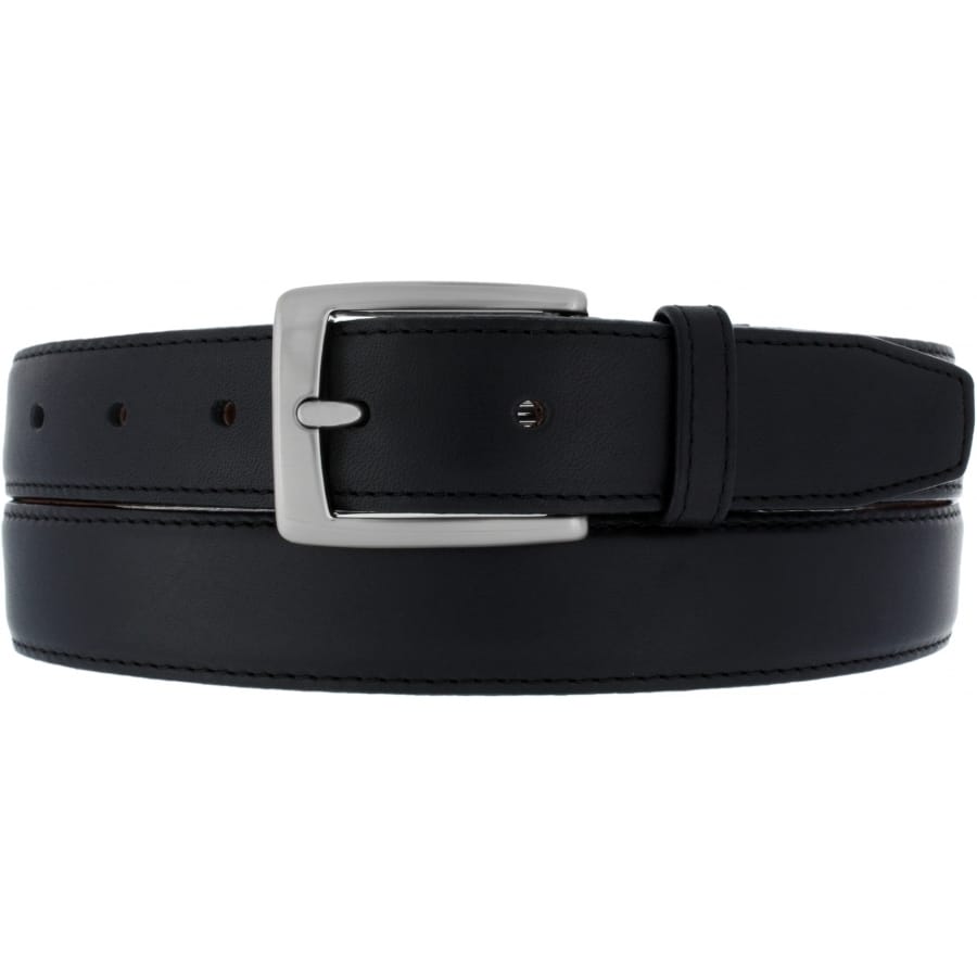 Brighton black leather belt with silver-tone rectangular buckle and stitched edge detailing on a white background