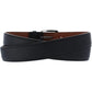 Brighton black leather belt with stitched edges, silver-tone buckle, and brown reversible interior on a white background