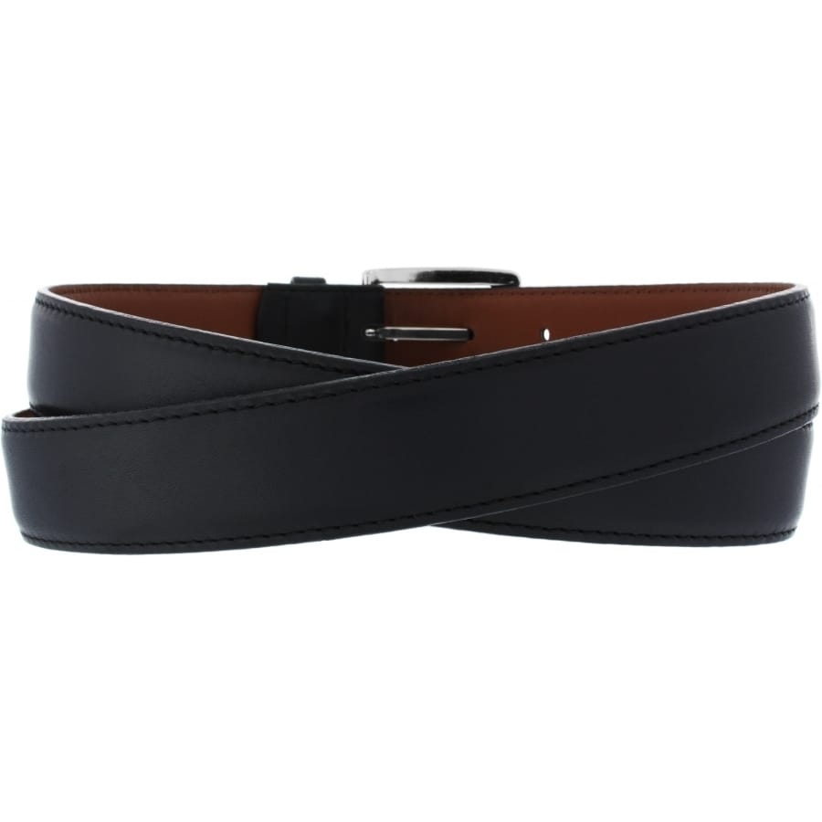 Brighton black leather belt with stitched edges, silver-tone buckle, and brown reversible interior on a white background