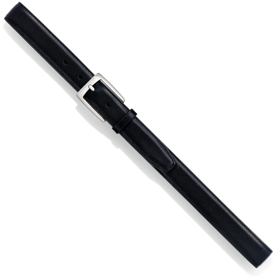 Brighton black leather belt with silver-tone single-prong buckle and stitched edges on a white background