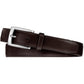 Brighton dark brown leather belt with silver-tone rectangular buckle and contrast stitching coiled on a white background