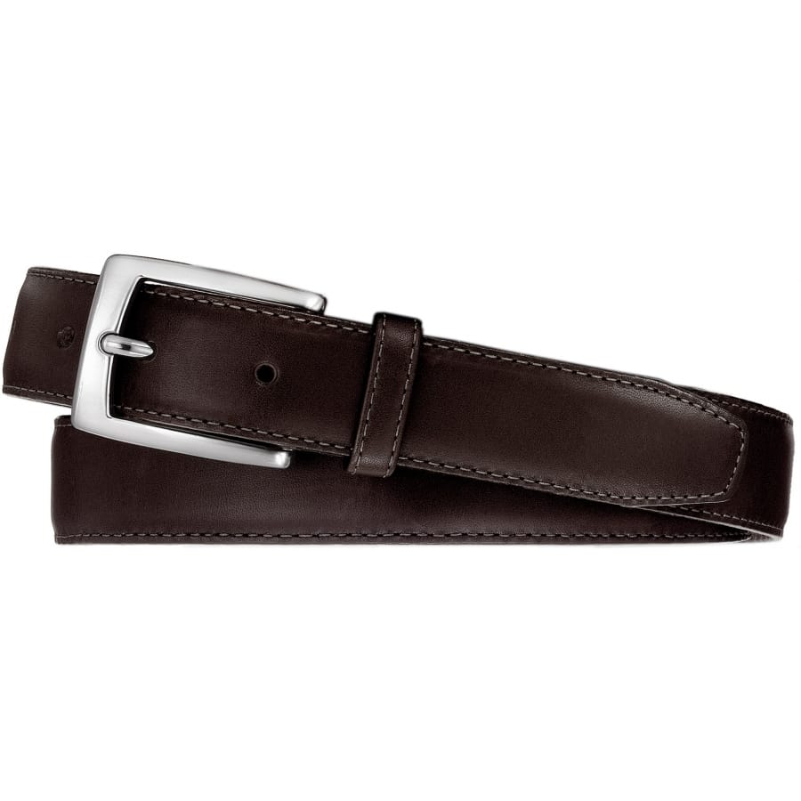 Brighton dark brown leather belt with silver-tone rectangular buckle and contrast stitching coiled on a white background