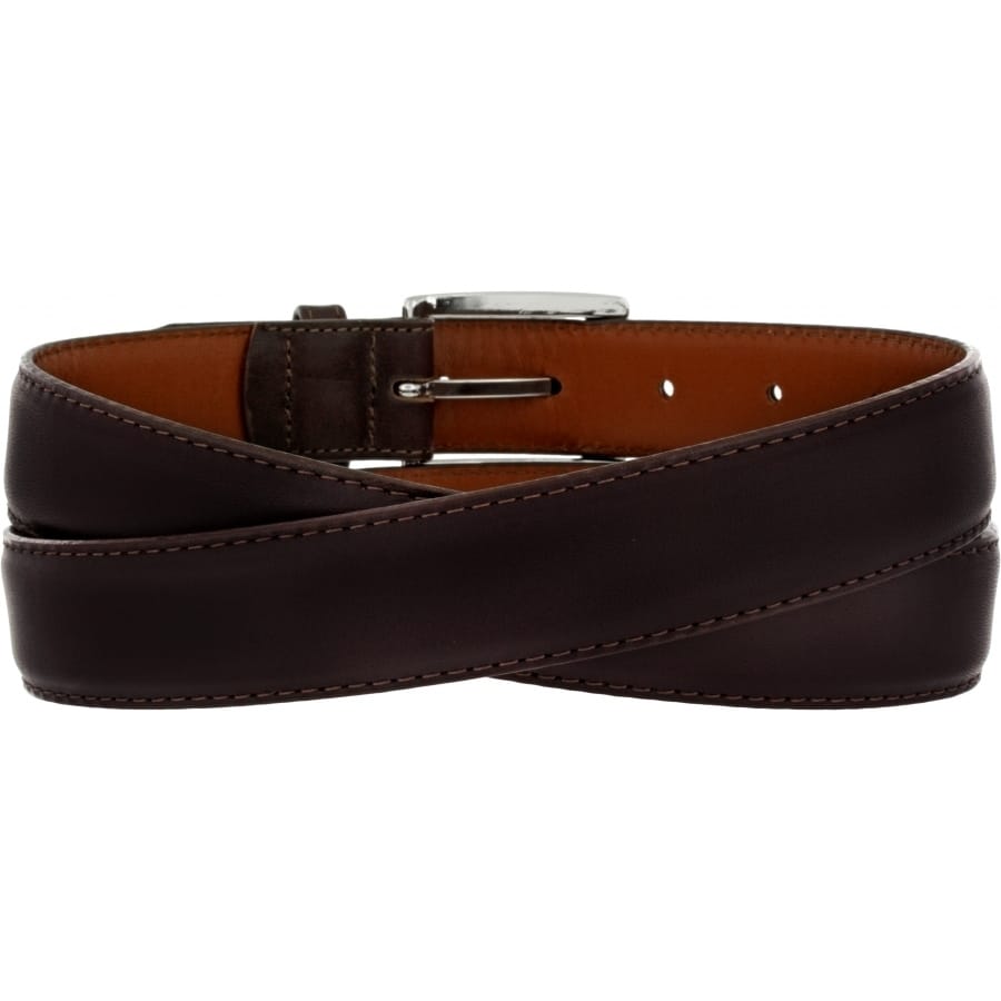 Brighton brown leather belt coiled with silver-tone buckle and tan interior lining visible on a white background