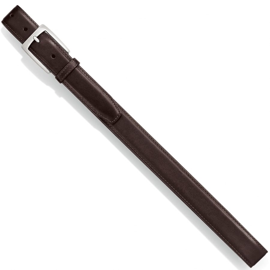 Brighton dark brown leather belt with silver-tone single-prong buckle and stitched edge detail on a white background