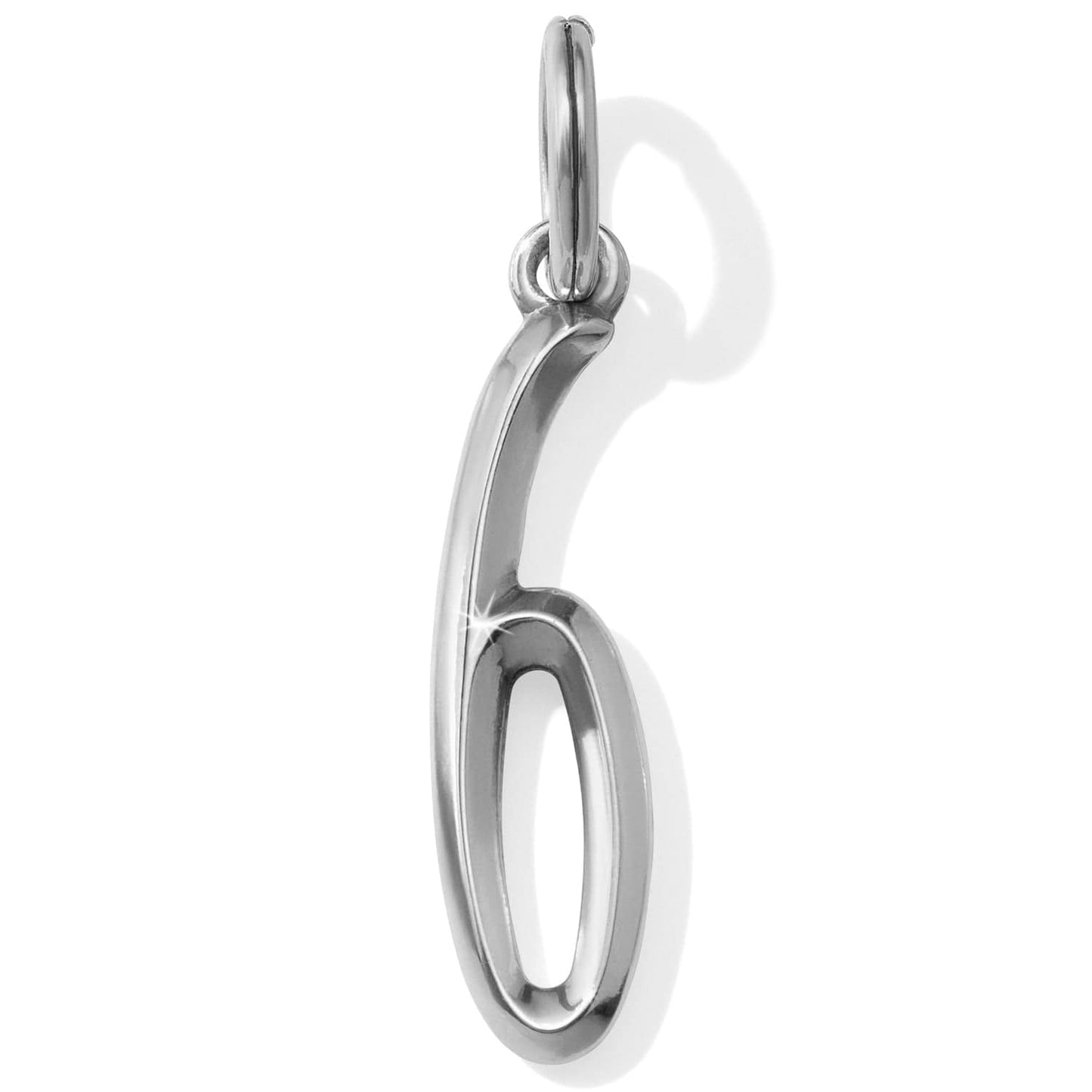 Brighton number six charm with silver-plated cursive script design and split ring on a white background
