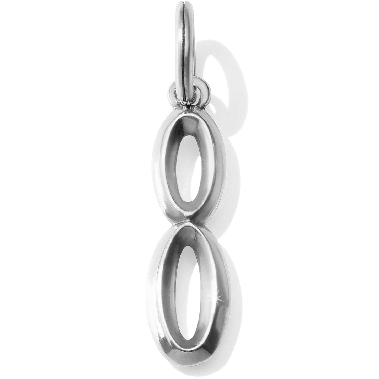 Brighton infinity charm pendant with silver-plated polished finish and split ring loop on a white background